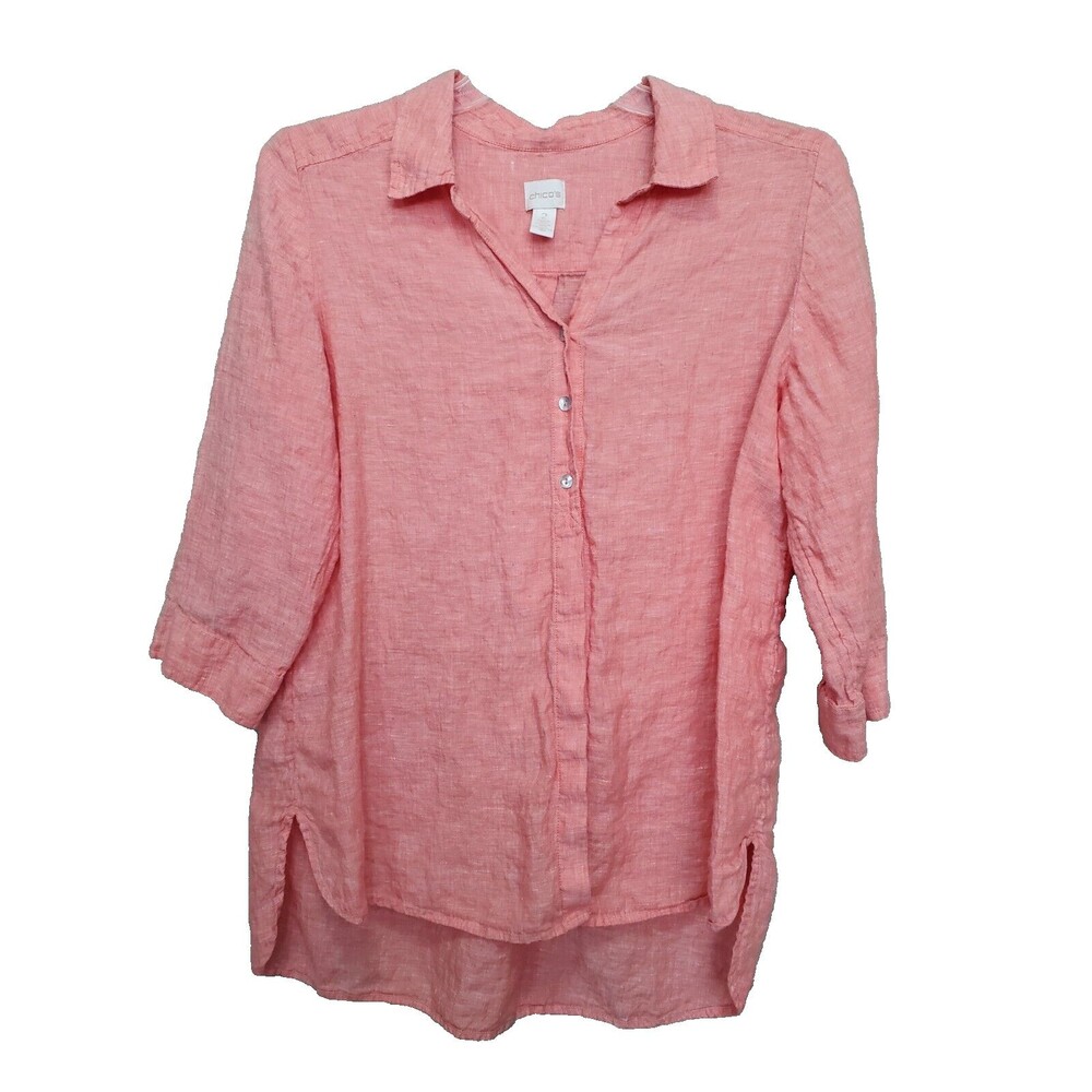 Chico's Orange Linen Cross-Dye High-Low Hem Button-Up Tunic Size 2 Large
